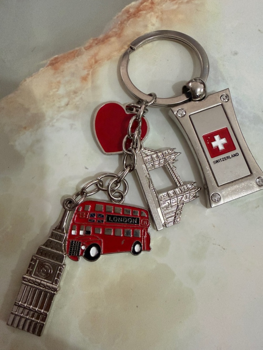 Swiss-Style Silver Keychain with Red London Bus & Heart Charms
